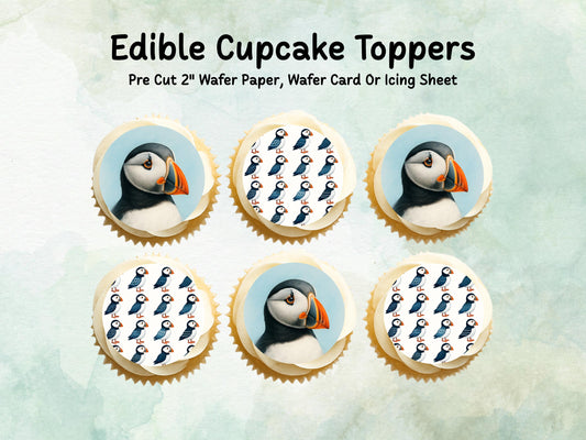 Puffin Edible Cupcake Toppers 12 x 2"– Pre cut Wafer Paper, Card or Icing Sheet, Puffin Cake Decoration, Seaside Toppers