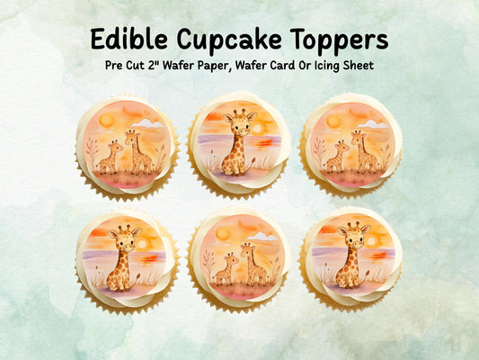 Cute Giraffe Edible Cupcake Toppers 12 x 2"– Pre cut Wafer Paper, Card or Icing Sheet, Giraffe Cake Decoration