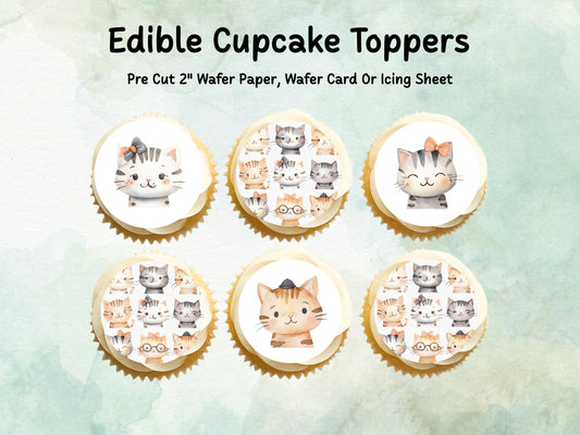 Cute Kitten Edible Cupcake Toppers 12 x 2"– Pre cut Wafer Paper, Card or Icing Sheet, Cat Birthday Cake Decoration