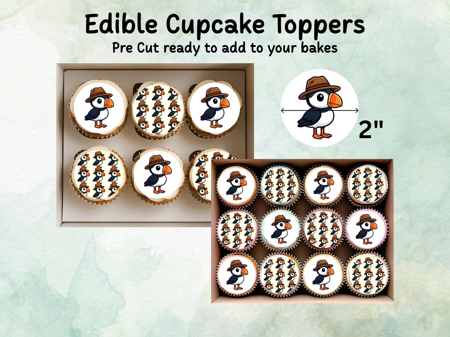 Puffin Edible Cupcake Toppers 12 x 2"– Pre cut Wafer Paper, Card or Icing Sheet, Birthday, Cupcakes, Cookies, Cake, Puffin Decoration