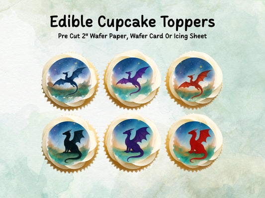 Dragon Edible Cupcake Toppers 12 x 2"– Pre cut Wafer Paper, Card or Icing Sheet, Fantasy Dragon Cake Decoration
