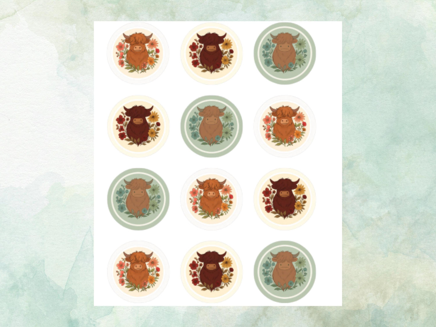 Highland Cow Edible Cupcake Toppers 12 x 2"– Pre cut Wafer Paper, Card or Icing Sheet, Cow Cake Decoration