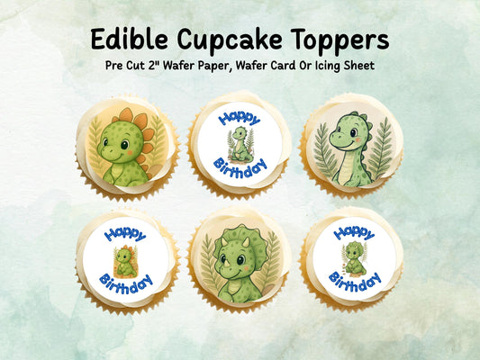 Dinosaur Edible Cupcake Toppers 12 x 2" – Pre cut Wafer Paper, Card or Icing Sheet, Cupcakes, Cookies, Cake, Birthday, Cute Dinosaur