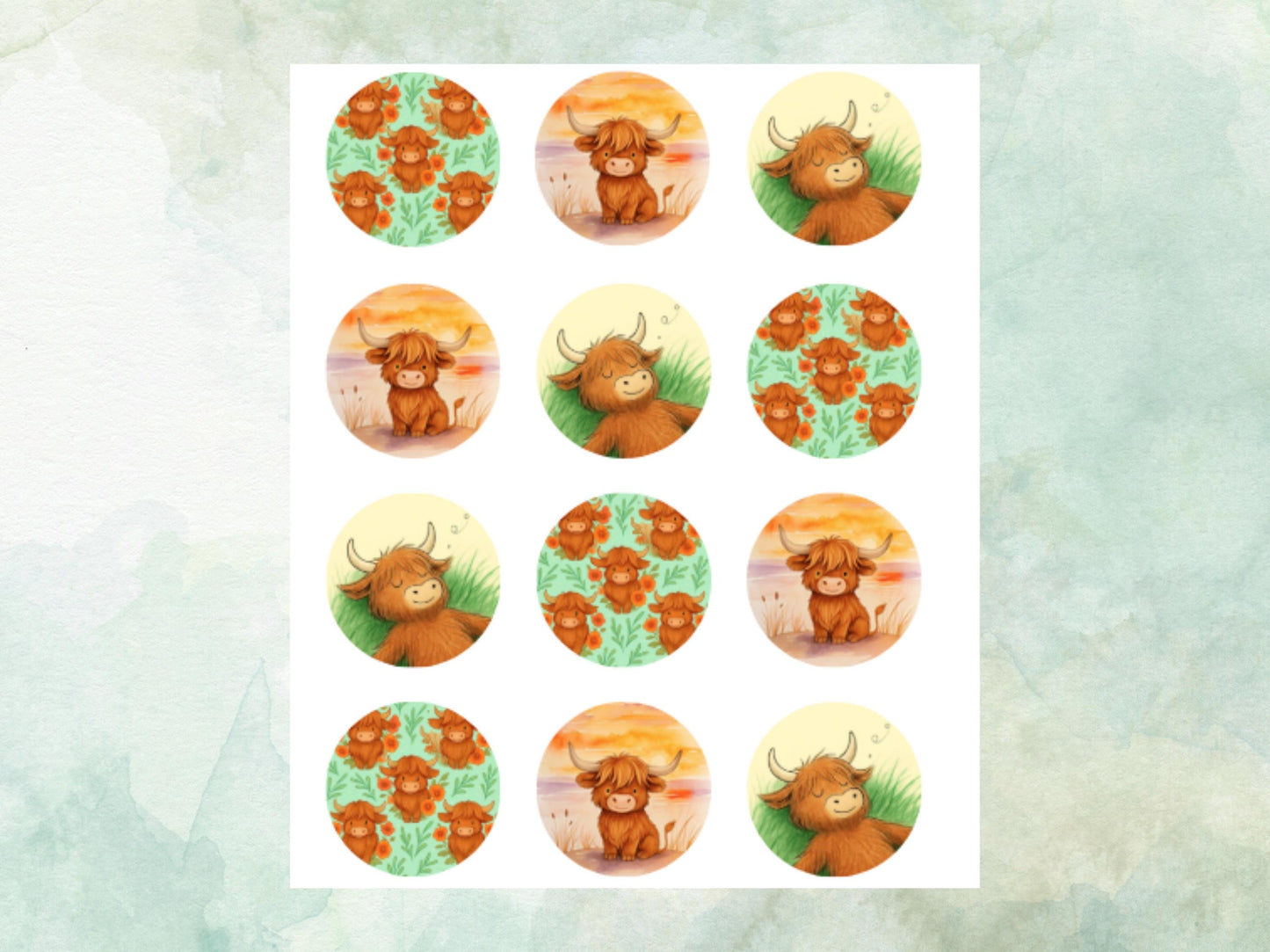 Cute Highland Cow Edible Cupcake Toppers 12 x 2"– Pre cut Wafer Paper, Card or Icing Sheet, Cow Cake Decoration