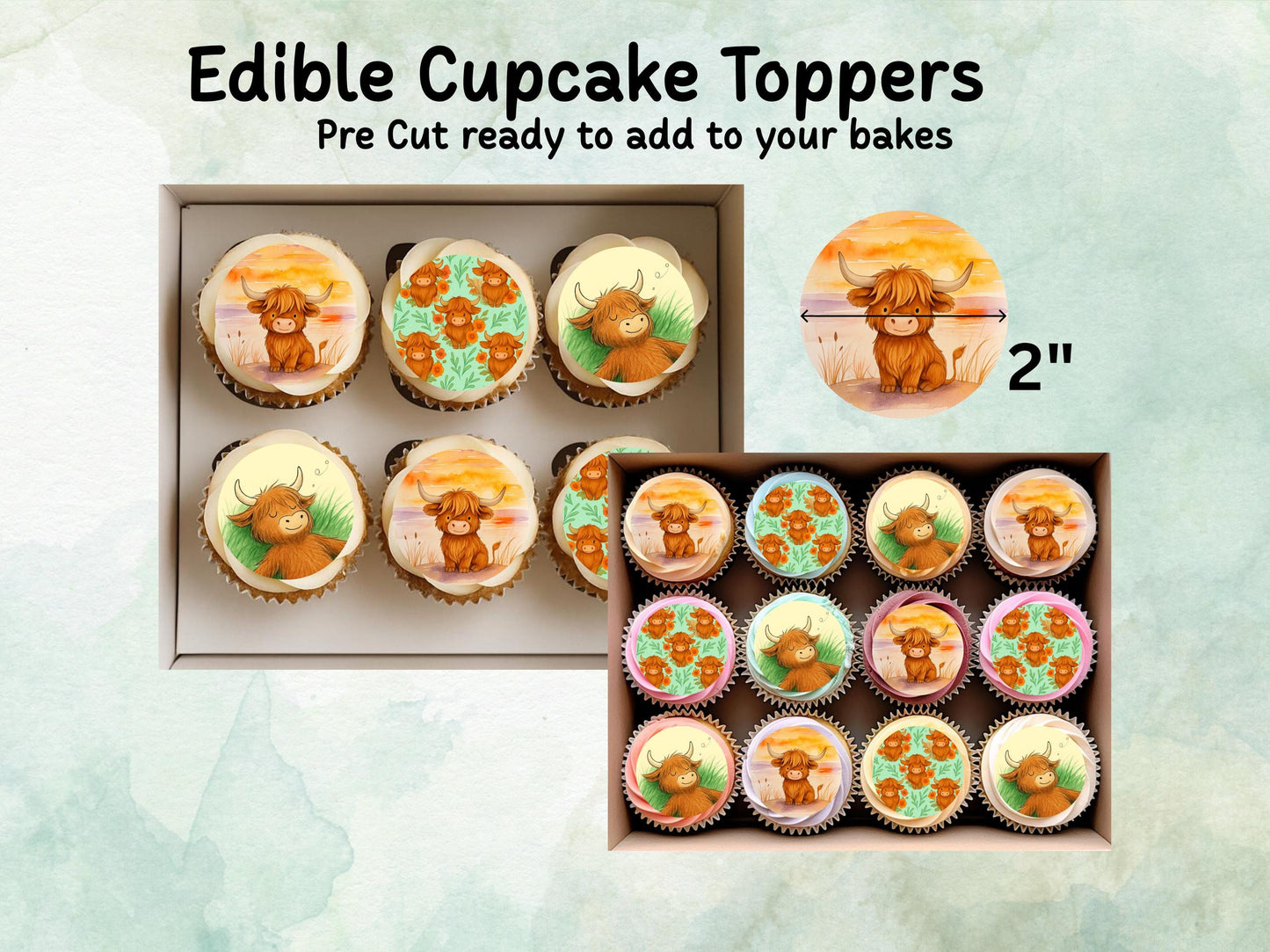 Cute Highland Cow Edible Cupcake Toppers 12 x 2"– Pre cut Wafer Paper, Card or Icing Sheet, Cow Cake Decoration