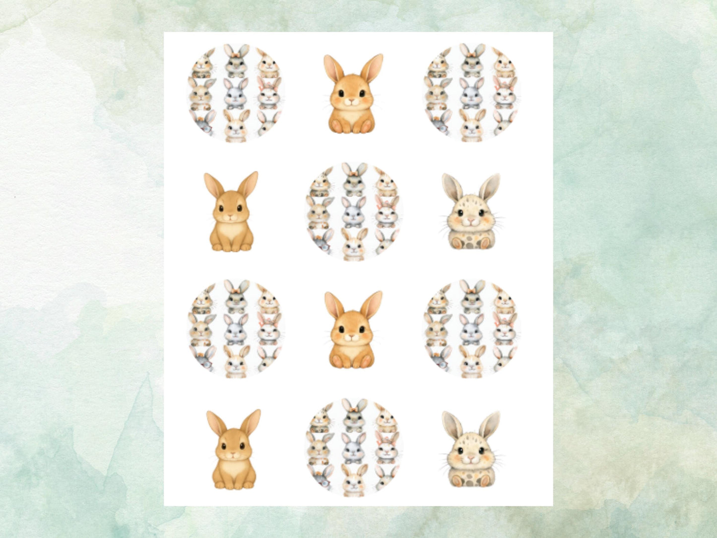 Cute Bunny Edible Cupcake Toppers 12 x 2"– Pre cut Wafer Paper, Card or Icing Sheet, Birthday, Cupcakes, Cookies, Cake, Rabbit Decoration