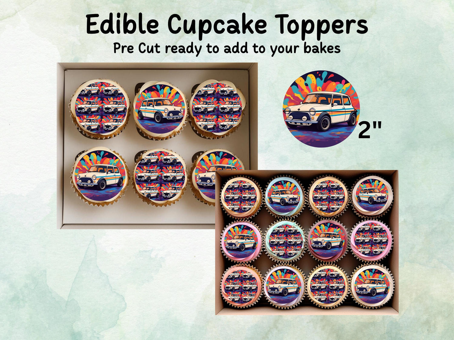 Mini Cooper Edible Cupcake Toppers 12 x 2" – Pre cut Wafer Paper, Card or Icing Sheet, Cupcakes, Cookies, Cake, Birthday, Classic Cars