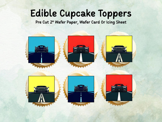 Sports Car Edible Cupcake Toppers 12 x 2" – Pre cut Wafer Paper, Card or Icing Sheet, Racing Party Decorations, Fast Car Birthday Topper