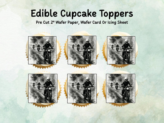 Motorbike Edible Cupcake Toppers 12 x 2" – Pre cut Wafer Paper, Card or Icing Sheet, Biker Party Cake Decoration, Motorcycle Birthday Topper
