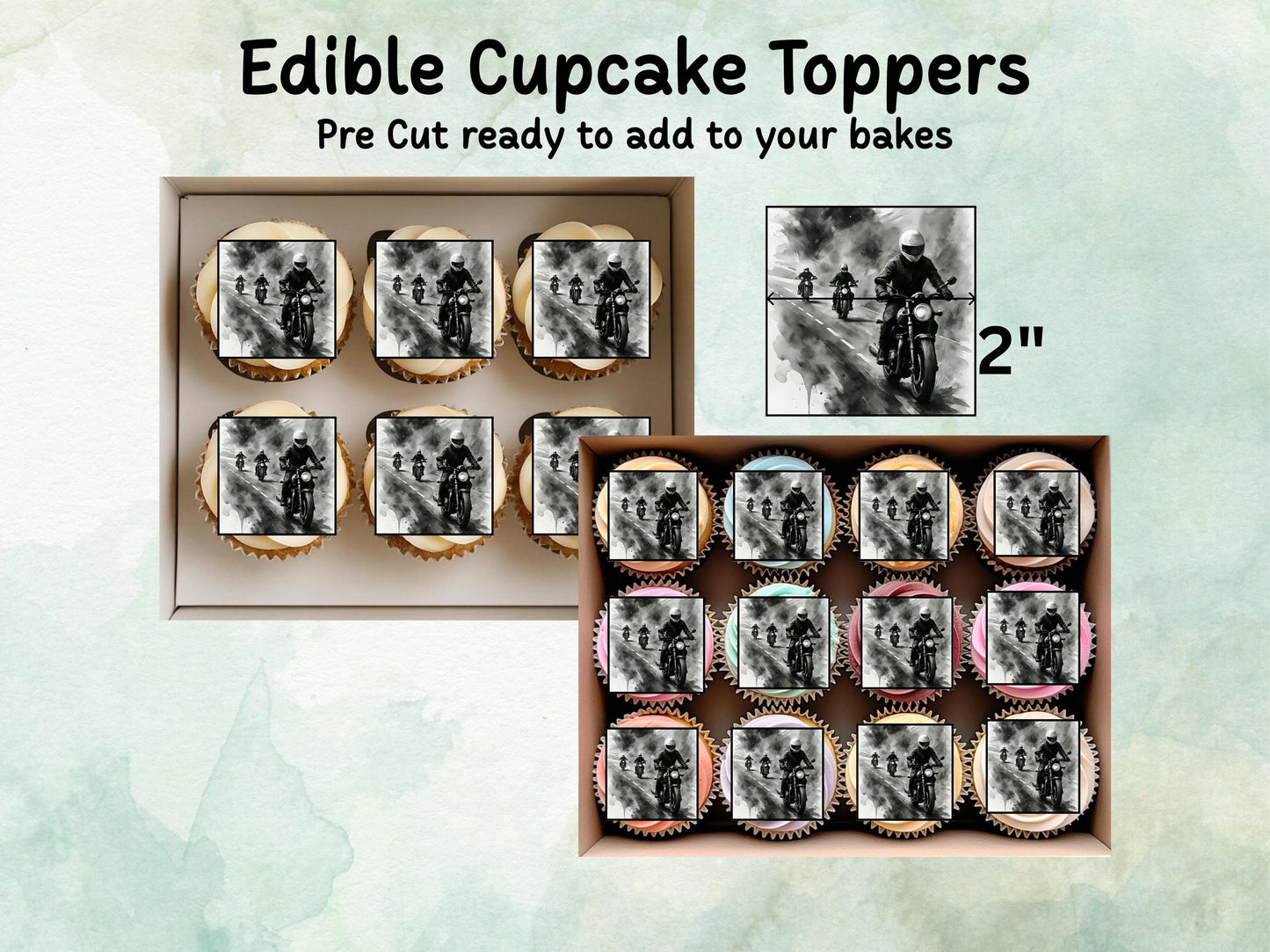 Motorbike Edible Cupcake Toppers 12 x 2" – Pre cut Wafer Paper, Card or Icing Sheet, Biker Party Cake Decoration, Motorcycle Birthday Topper