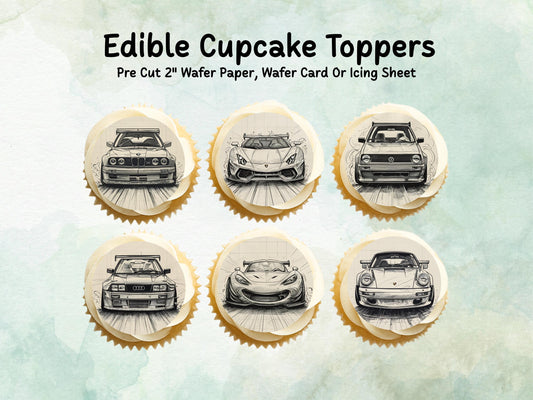 Sports Car Edible Cupcake Toppers 12 x 2" – Pre cut Wafer Paper, Card or Icing Sheet, Cupcakes, Cookies, Cake, Birthday, Cars