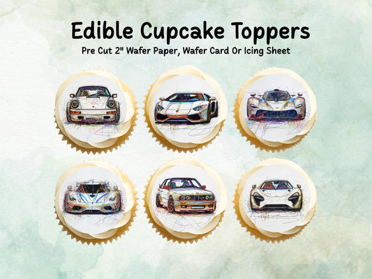 Sports Car Edible Cupcake Toppers 12 x 2"– Pre cut Wafer Paper, Card or Icing Sheet, Cupcakes, Cookies, Cake, Birthday, Cars