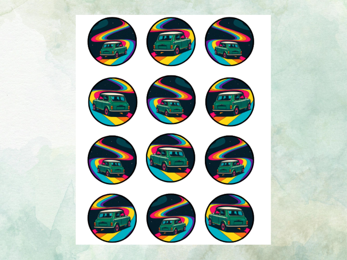 Mini Cooper Edible Cupcake Toppers 12 x 2"– Pre cut Wafer Paper, Card or Icing Sheet, Retro Vintage Mini Cake Decoration