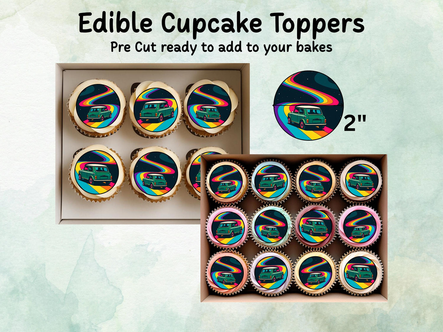 Mini Cooper Edible Cupcake Toppers 12 x 2"– Pre cut Wafer Paper, Card or Icing Sheet, Retro Vintage Mini Cake Decoration