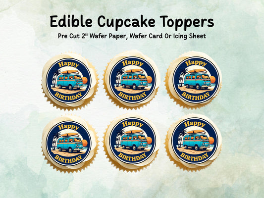 Campervan Edible Cupcake Toppers 12 x 2"– Pre cut Wafer Paper, Card or Icing Sheet, VW Campervan Cake Decoration