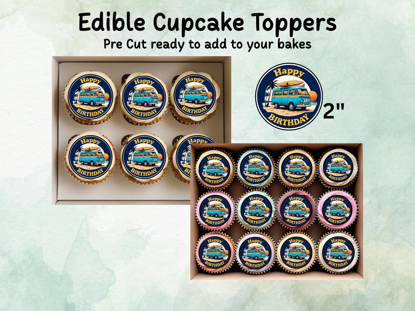 Campervan Edible Cupcake Toppers 12 x 2"– Pre cut Wafer Paper, Card or Icing Sheet, VW Campervan Cake Decoration