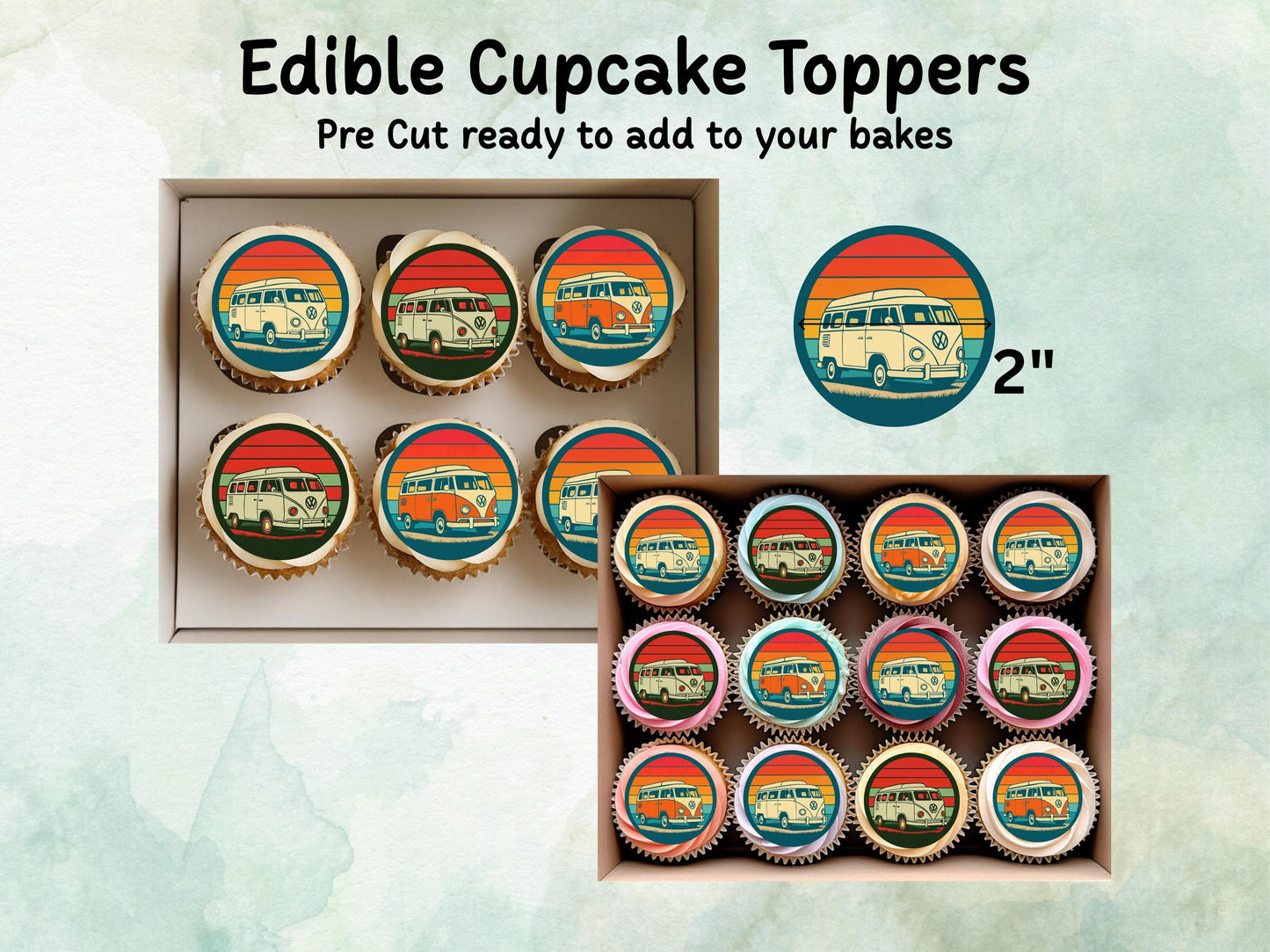 Campervan Edible Cupcake Toppers 12 x 2"– Pre cut Wafer Paper, Card or Icing Sheet, Campervan Cake Decoration