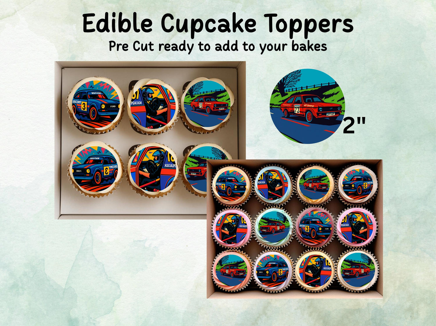 Vintage Rally Car Edible Cupcake Toppers 12 x 2" – Pre cut Wafer Paper, Card or Icing Sheet, Motorsport Birthday Party Decor