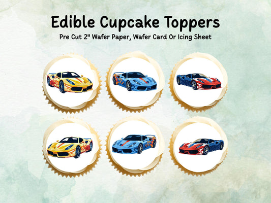 Sports Car Edible Cupcake Toppers 12 x 2" – Pre cut Wafer Paper, Card or Icing Sheet, Cupcakes, Cookies, Cake, Birthday, Cars