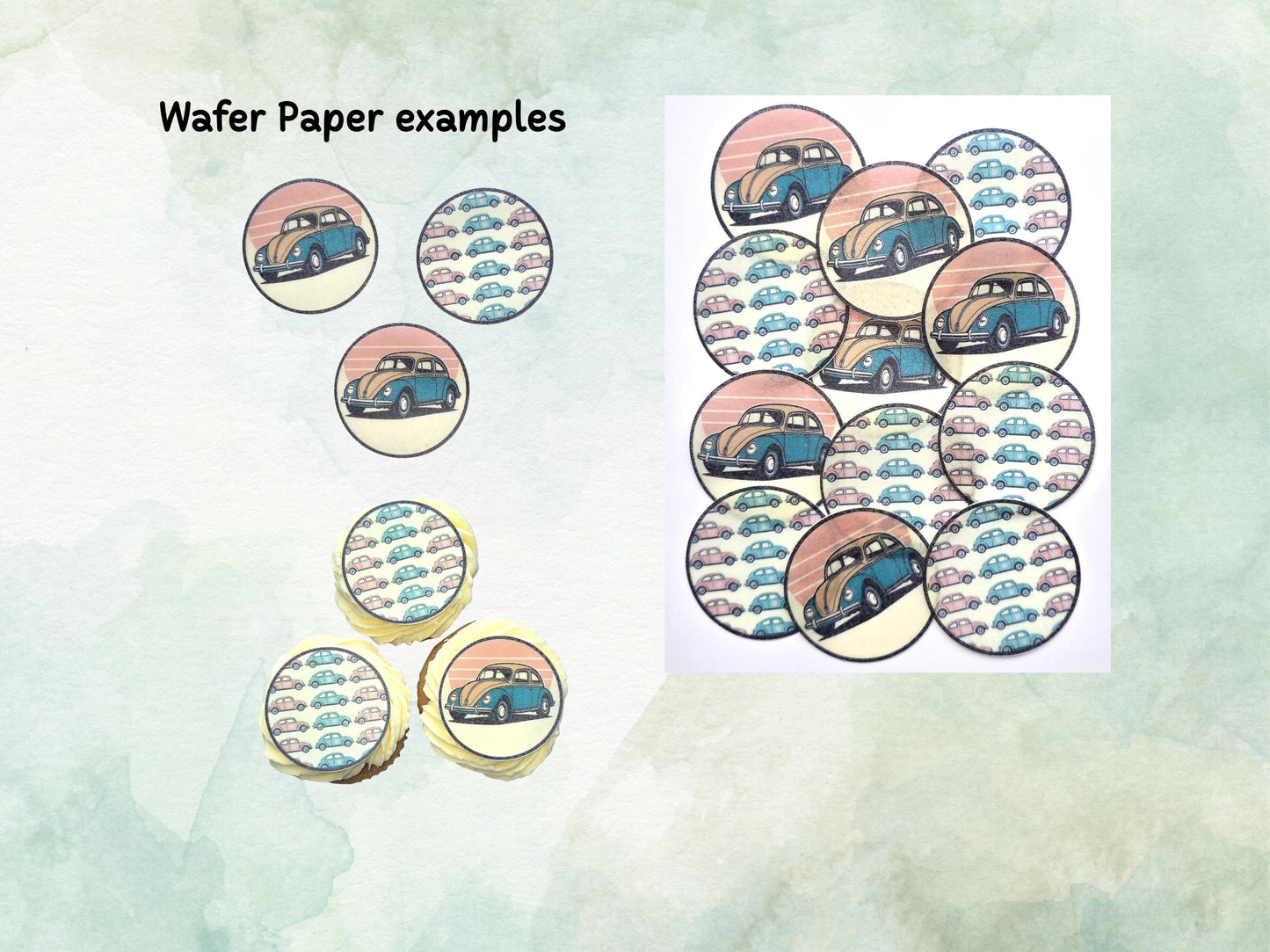 VW Beetle Edible Cupcake Toppers 12 x 2"– Pre cut Wafer Paper, Card or Icing Sheet, Beetle Cake Decoration