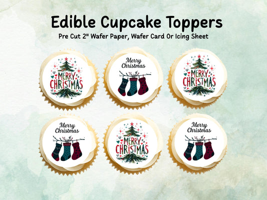 Christmas Edible Cupcake Toppers 12 x 2" – Pre cut Wafer Paper, Card or Icing Sheet, Merry Christmas Tree & Stocking Festive Cupcakes