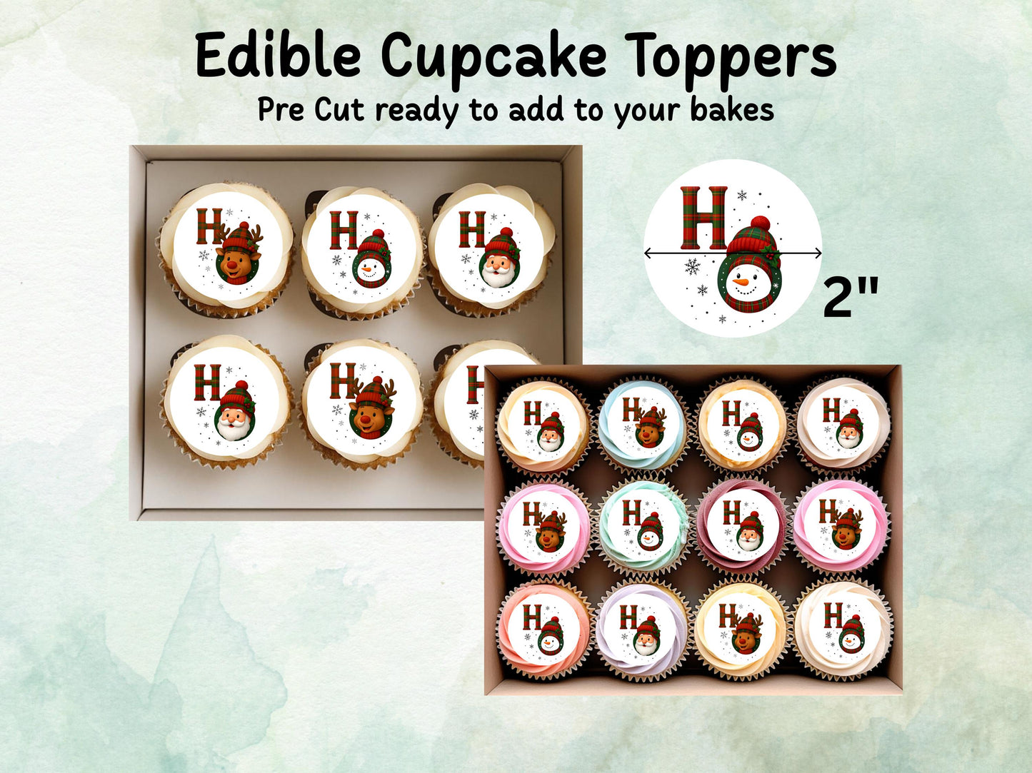 Christmas Character Edible Cupcake Toppers 12 x 2" – Pre cut Wafer Paper, Card or Icing Sheet, Santa, Reindeer & Snowman, Festive Party