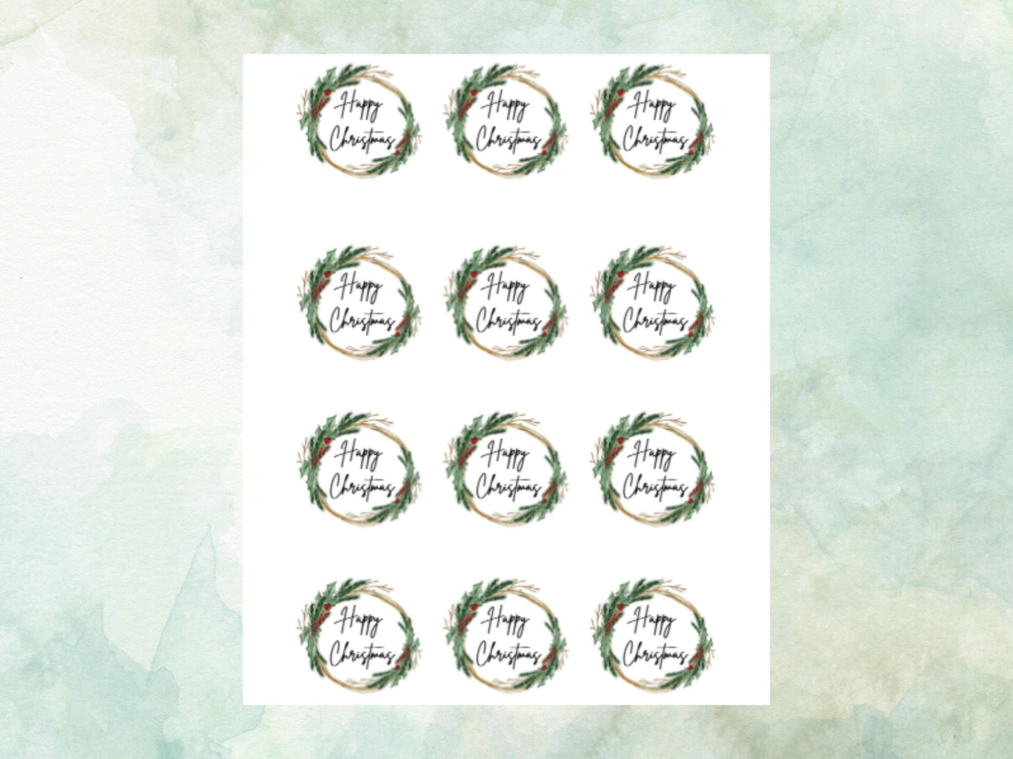 Christmas Edible Cupcake Toppers 12 x 2" – Pre cut Wafer Paper, Card or Icing Sheet, Happy Christmas Wreath Festive Cupcakes