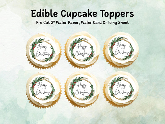 Christmas Edible Cupcake Toppers 12 x 2" – Pre cut Wafer Paper, Card or Icing Sheet, Happy Christmas Wreath Festive Cupcakes