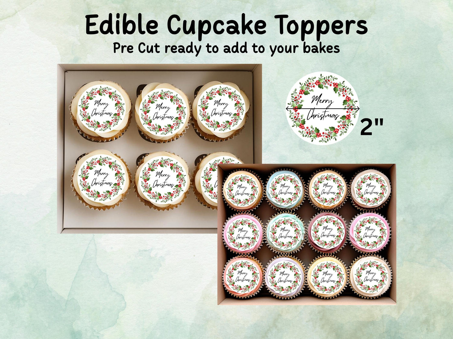 Christmas Edible Cupcake Toppers 12 x 2" – Pre cut Wafer Paper, Card or Icing Sheet, Merry Christmas Holly Wreath Festive Cupcakes
