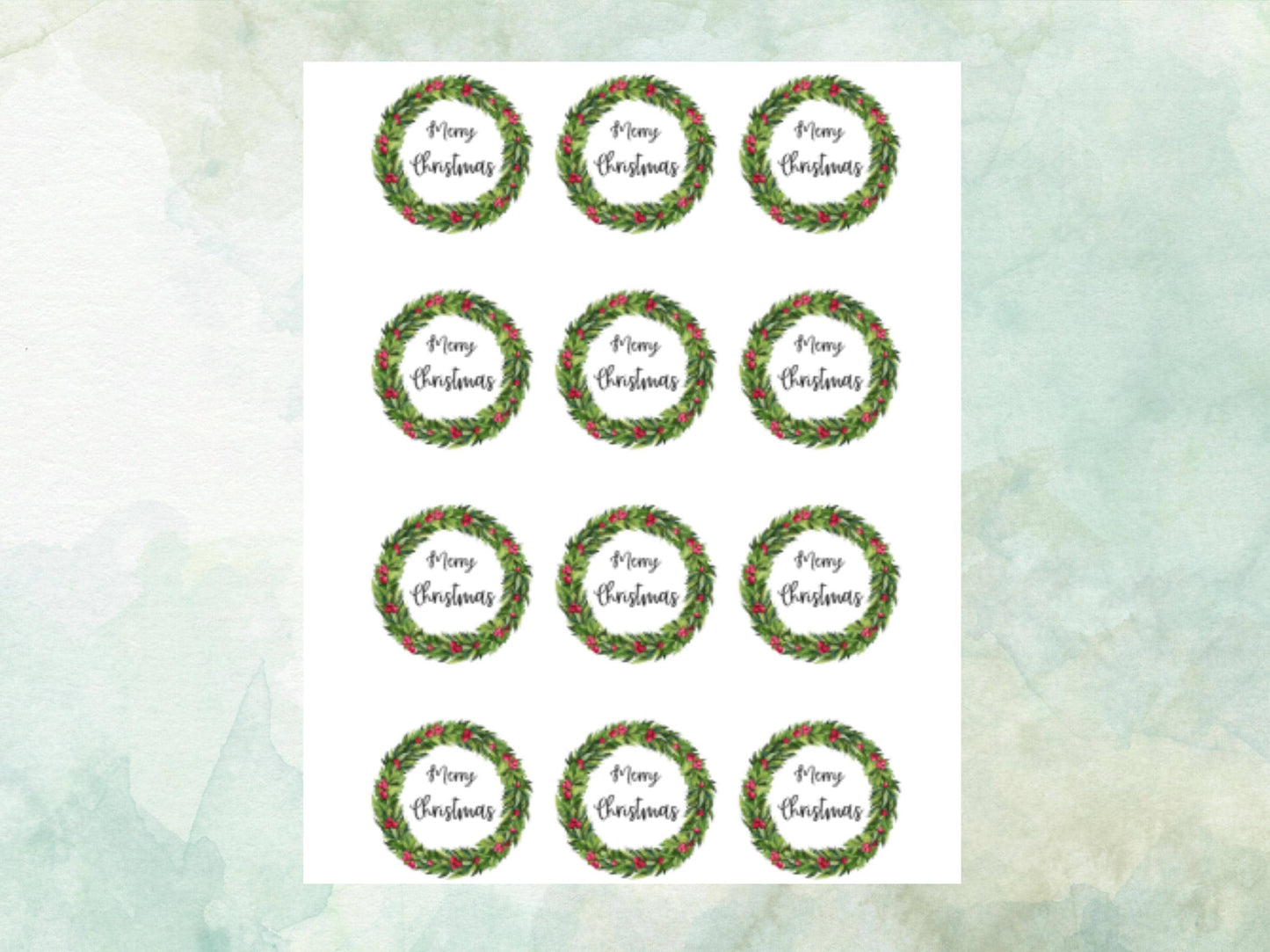 Christmas Edible Cupcake Toppers 12 x 2" – Pre cut Wafer Paper, Card or Icing Sheet, Merry Christmas Holly Wreath Festive Cupcakes