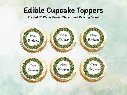 Christmas Edible Cupcake Toppers 12 x 2" – Pre cut Wafer Paper, Card or Icing Sheet, Merry Christmas Holly Wreath Festive Cupcakes