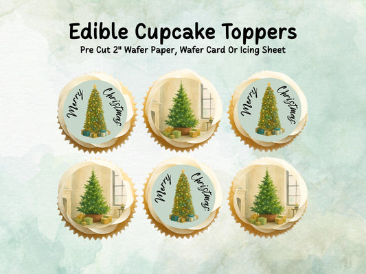 Christmas Edible Cupcake Toppers 12 x 2" – Pre cut Wafer Paper, Card or Icing Sheet, Merry Christmas Tree Festive Cupcakes