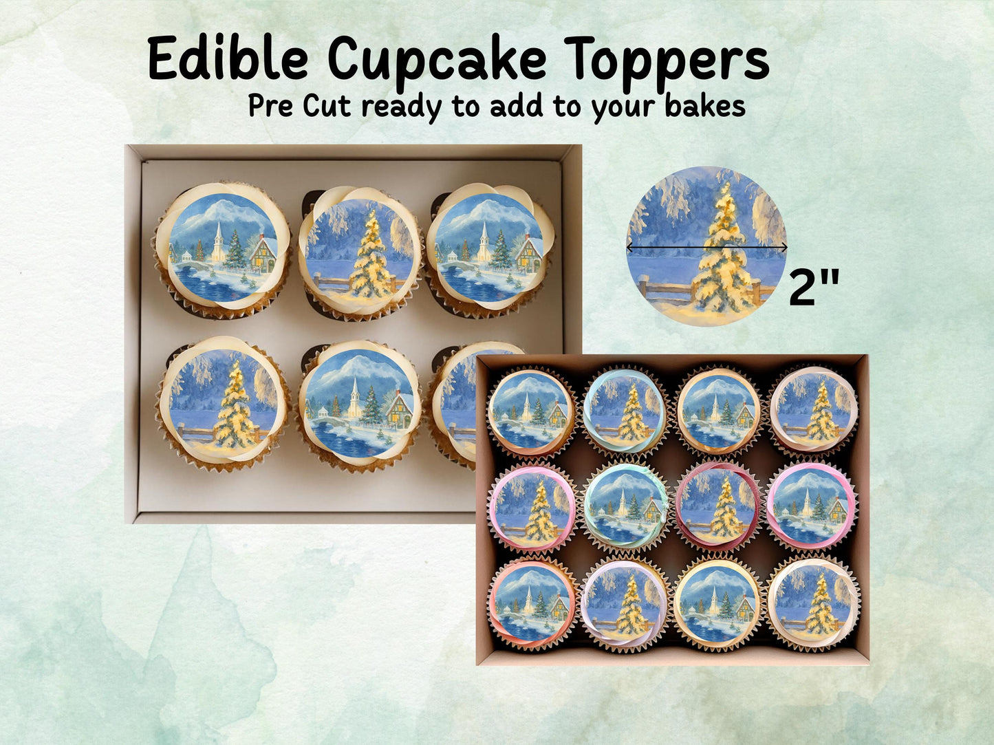 Vintage Christmas Village Edible Cupcake Toppers 12 x 2" – Pre cut Wafer Paper, Card or Icing Sheet, Festive Merry Christmas Snowy Scene