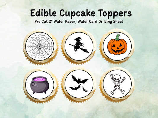 Halloween Edible Cupcake Toppers 12 x 2" – Pre cut Wafer Paper, Card or Icing Sheet, Witch, Pumpkin, Skeleton & BOO! Design Spooky Cakes