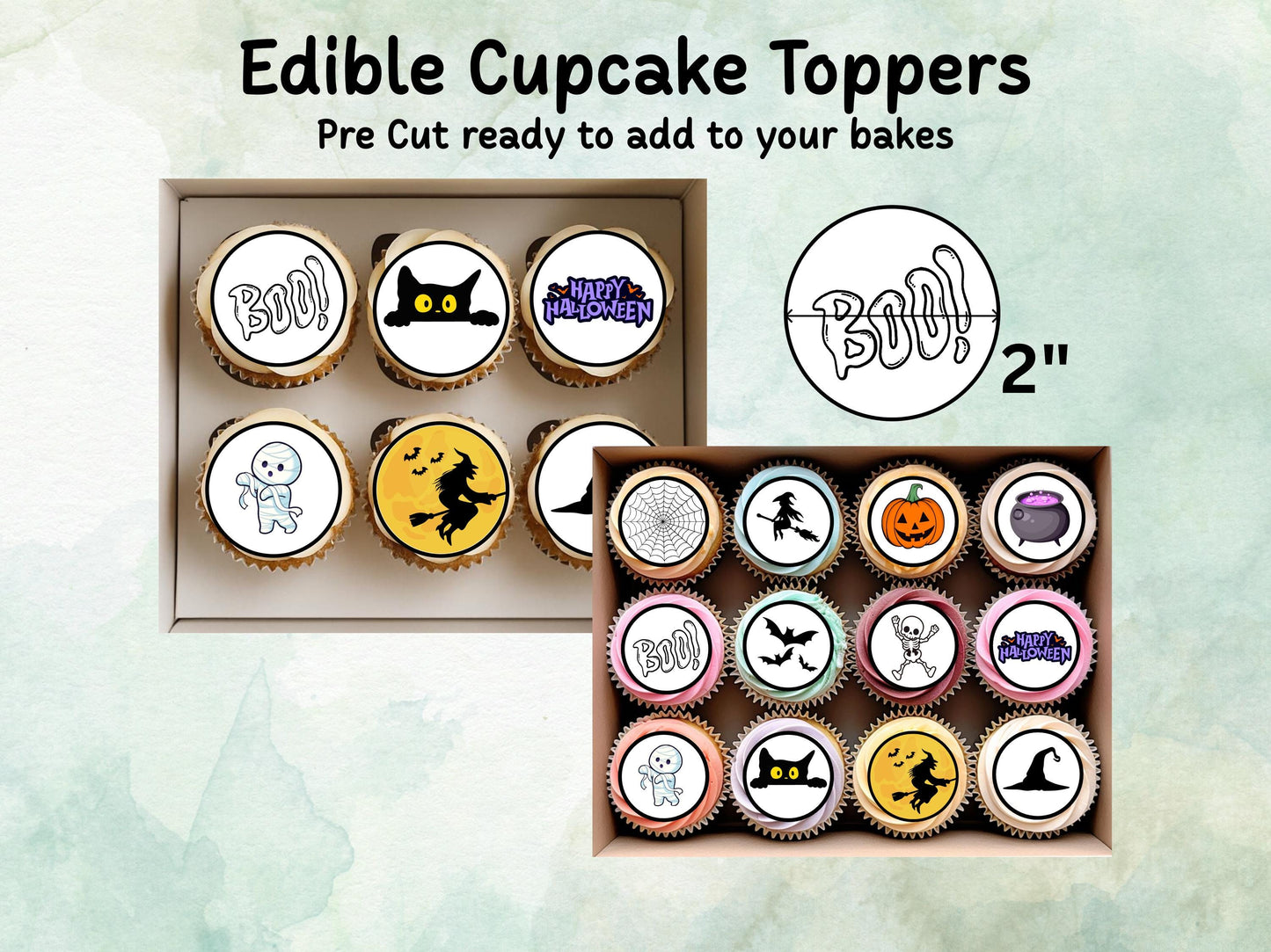 Halloween Edible Cupcake Toppers 12 x 2" – Pre cut Wafer Paper, Card or Icing Sheet, Witch, Pumpkin, Skeleton & BOO! Design Spooky Cakes
