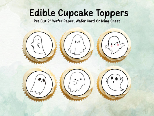 Cute Ghost Edible Cupcake Toppers 12 x 2" – Pre cut Wafer Paper, Card or Icing Sheet, Halloween Spooky Cake Decorations
