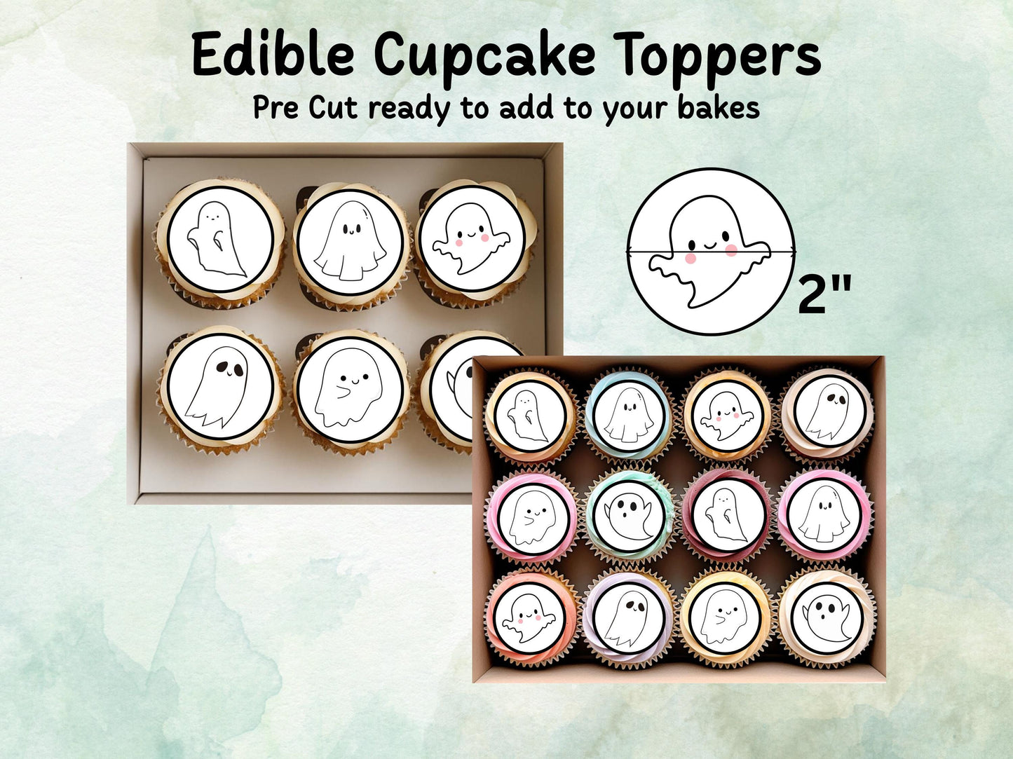 Cute Ghost Edible Cupcake Toppers 12 x 2" – Pre cut Wafer Paper, Card or Icing Sheet, Halloween Spooky Cake Decorations
