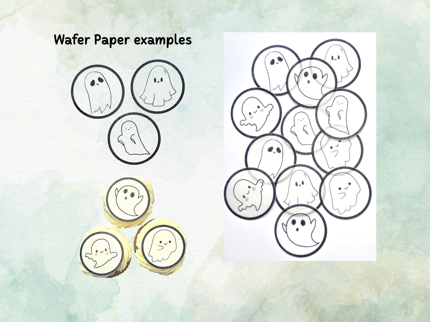 Cute Ghost Edible Cupcake Toppers 12 x 2" – Pre cut Wafer Paper, Card or Icing Sheet, Halloween Spooky Cake Decorations