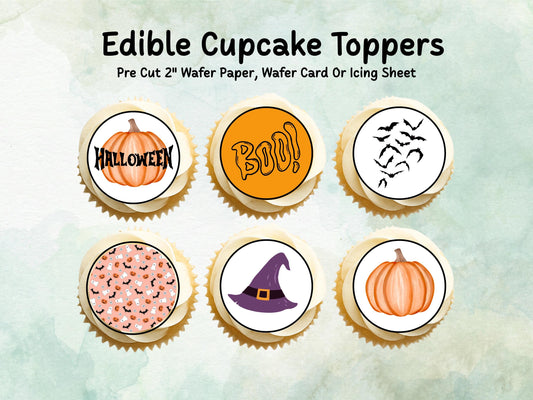 Halloween Edible Cupcake Toppers 12 x 2" – Pre cut Wafer Paper, Card or Icing Sheet, Witch, Pumpkin, Bat & BOO! Design Spooky Cakes