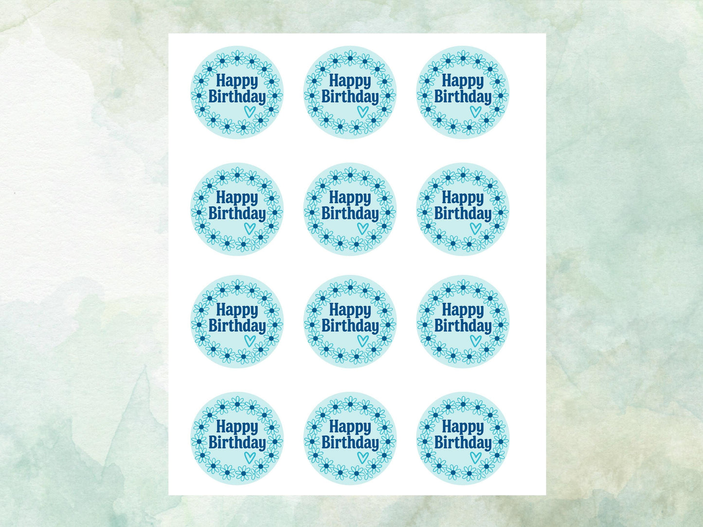 Happy Birthday Edible Cupcake Toppers 12 x 2"– Pre cut Wafer Paper, Card or Icing Sheet, Blue Floral Circle Cupcake Decoration
