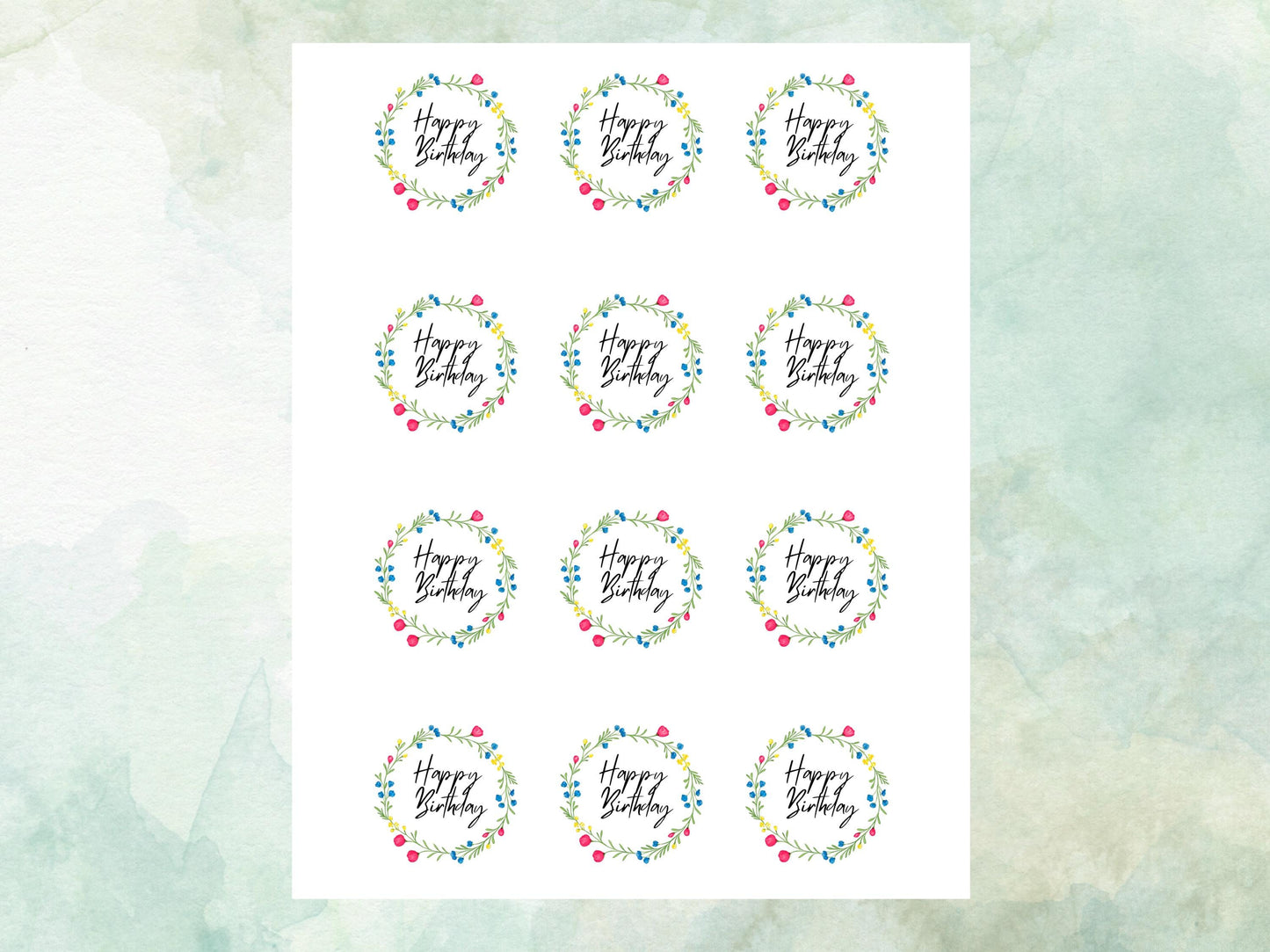 Happy Birthday Edible Cupcake Toppers 12 x 2"– Pre cut Wafer Paper, Card or Icing Sheet, Floral Birthday Cake Toppers