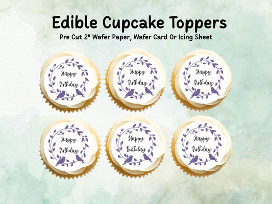 Happy Birthday Edible Cupcake Toppers 12 x 2"– Pre cut Wafer Paper, Card or Icing Sheet, Floral Birthday Cake Toppers