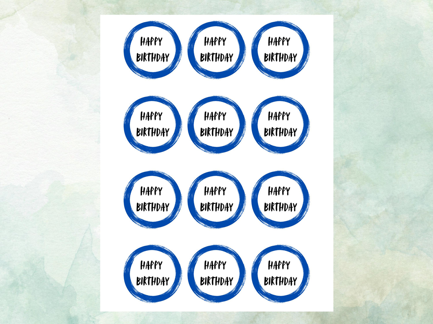 Happy Birthday Edible Cupcake Toppers 12 x 2"– Pre cut Wafer Paper, Card or Icing Sheet, Blue Circle Design Birthday Cake Toppers