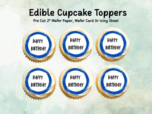 Happy Birthday Edible Cupcake Toppers 12 x 2"– Pre cut Wafer Paper, Card or Icing Sheet, Blue Circle Design Birthday Cake Toppers