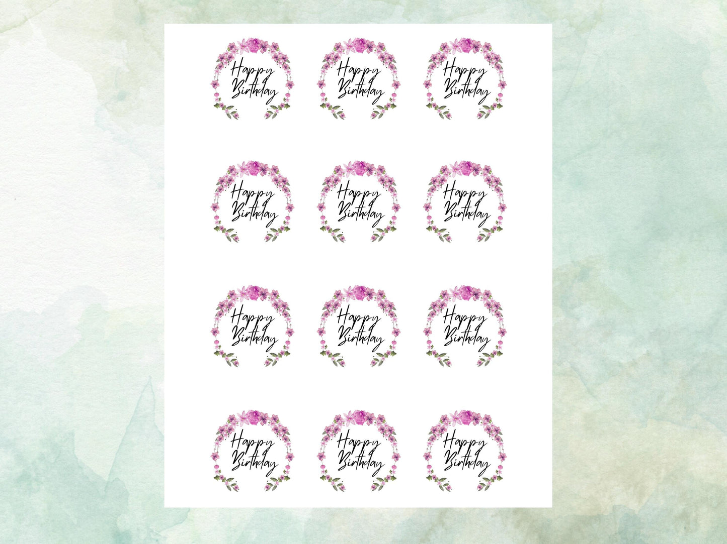 Happy Birthday Edible Cupcake Toppers 12 x 2"– Pre cut Wafer Paper, Card or Icing Sheet, Floral Birthday Cake Toppers