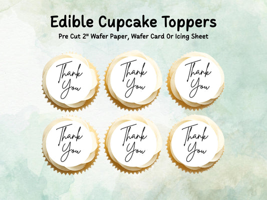 Thank You Edible Cupcake Toppers 12 x 2"– Pre cut Wafer Paper, Card or Icing Sheet, Elegant Thank You Cake Decoration