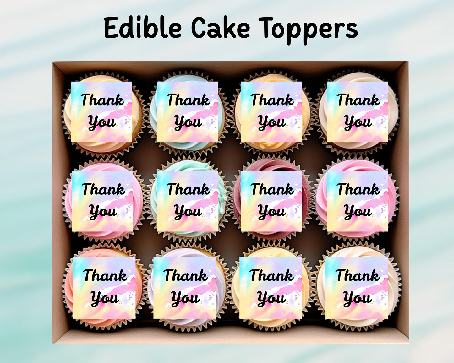 Thank You Edible Cupcake Toppers 12 x 2"– Pre cut Wafer Paper, Card or Icing Sheet, Rainbow Thank You Cake Decoration