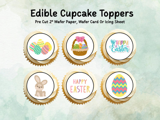 Easter Edible Cupcake Toppers 12 x 2" – Pre cut Wafer Paper, Card or Icing Sheet, Bunny, Chick & Egg Design Cakes
