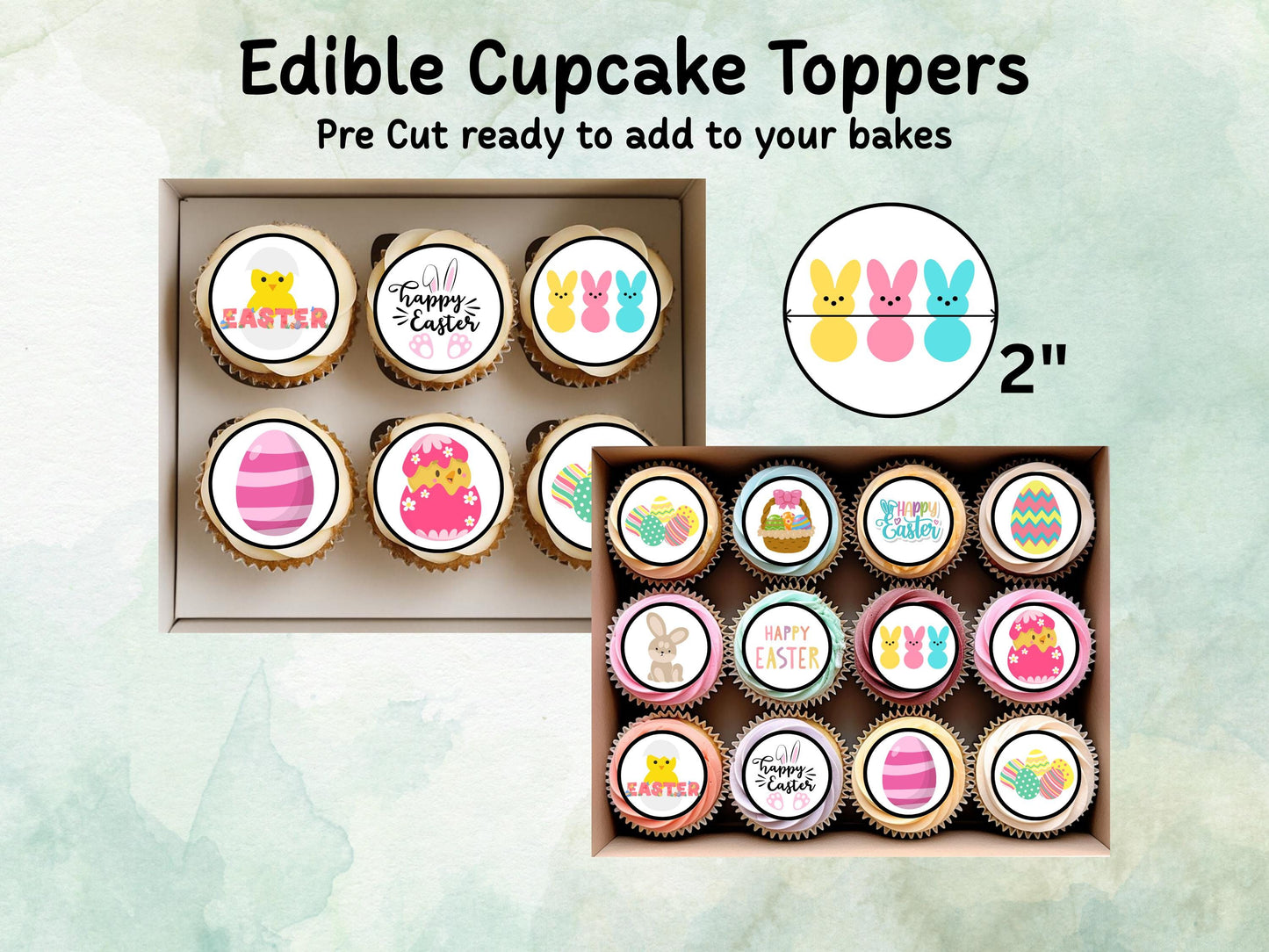 Easter Edible Cupcake Toppers 12 x 2" – Pre cut Wafer Paper, Card or Icing Sheet, Bunny, Chick & Egg Design Cakes
