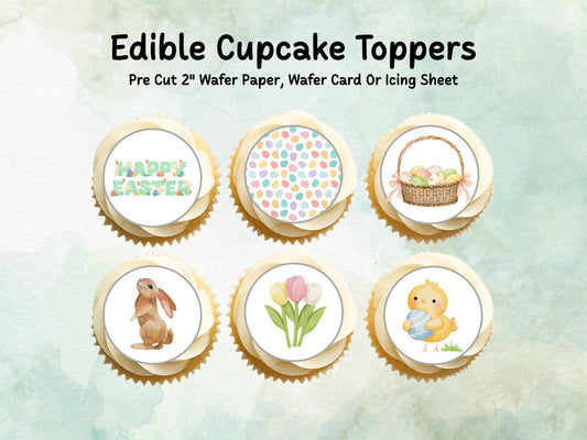 Easter Edible Cupcake Toppers 12 x 2" – Pre cut Wafer Paper, Card or Icing Sheet, Bunny, Chick & Egg Design Cakes